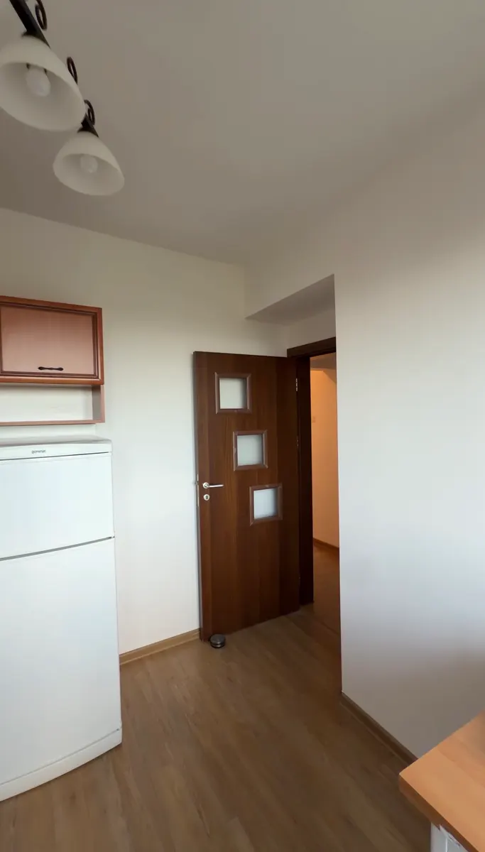 Kitchen with light-colored walls, a refrigerator and a wood-look door