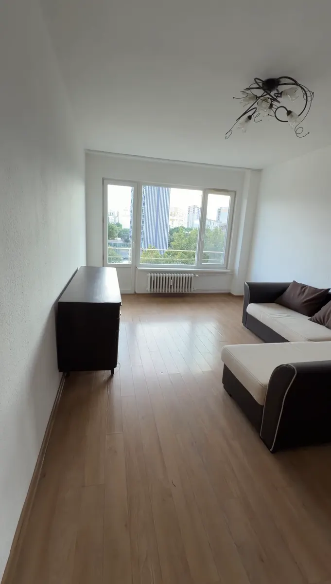 Living room with light-colored walls, a sofa and windows